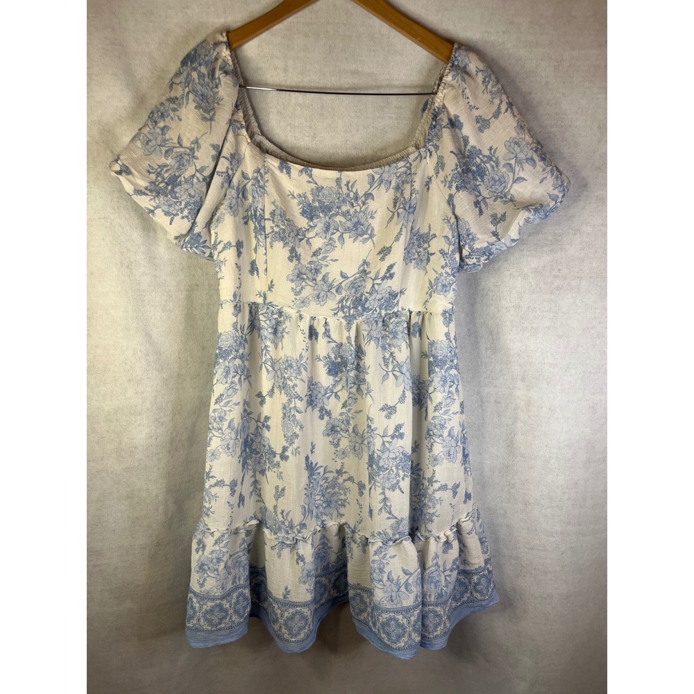 Blu Pepper dress blue and white‎ toile puff sleeve ruffle XL cottagecore boho